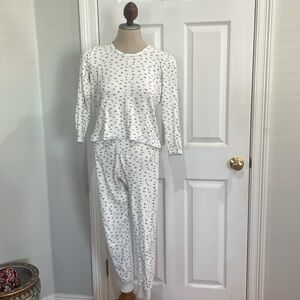 Vintage 80s floral Long Sleeve ribbed blue white thermal top bottoms set women S